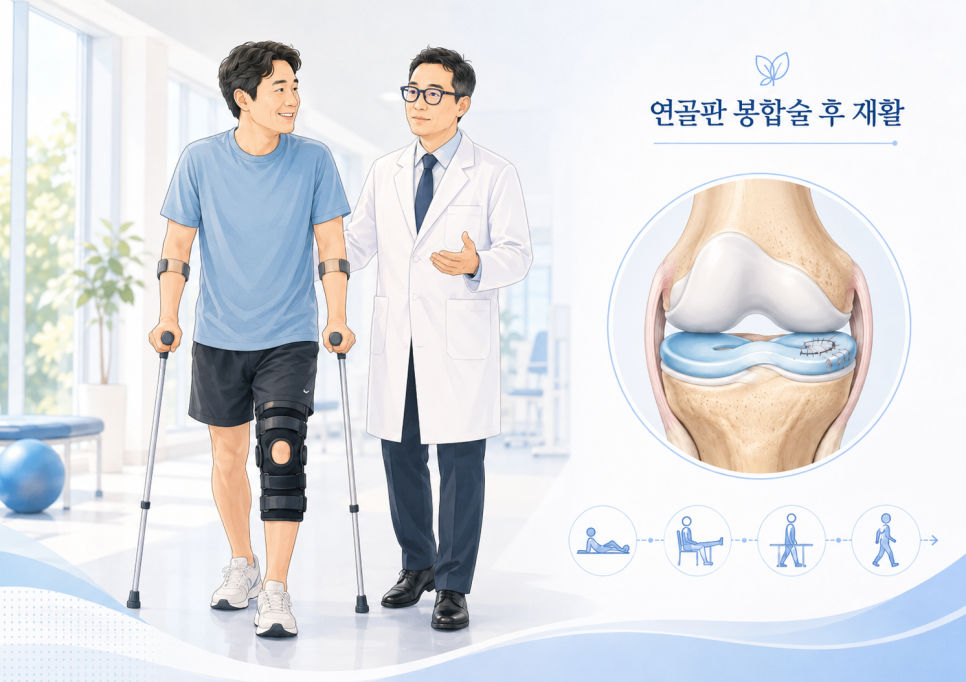 목발과 무릎 보조기를 사용하며 연골판 봉합술 후 재활을 상담하는 개념 일러스트