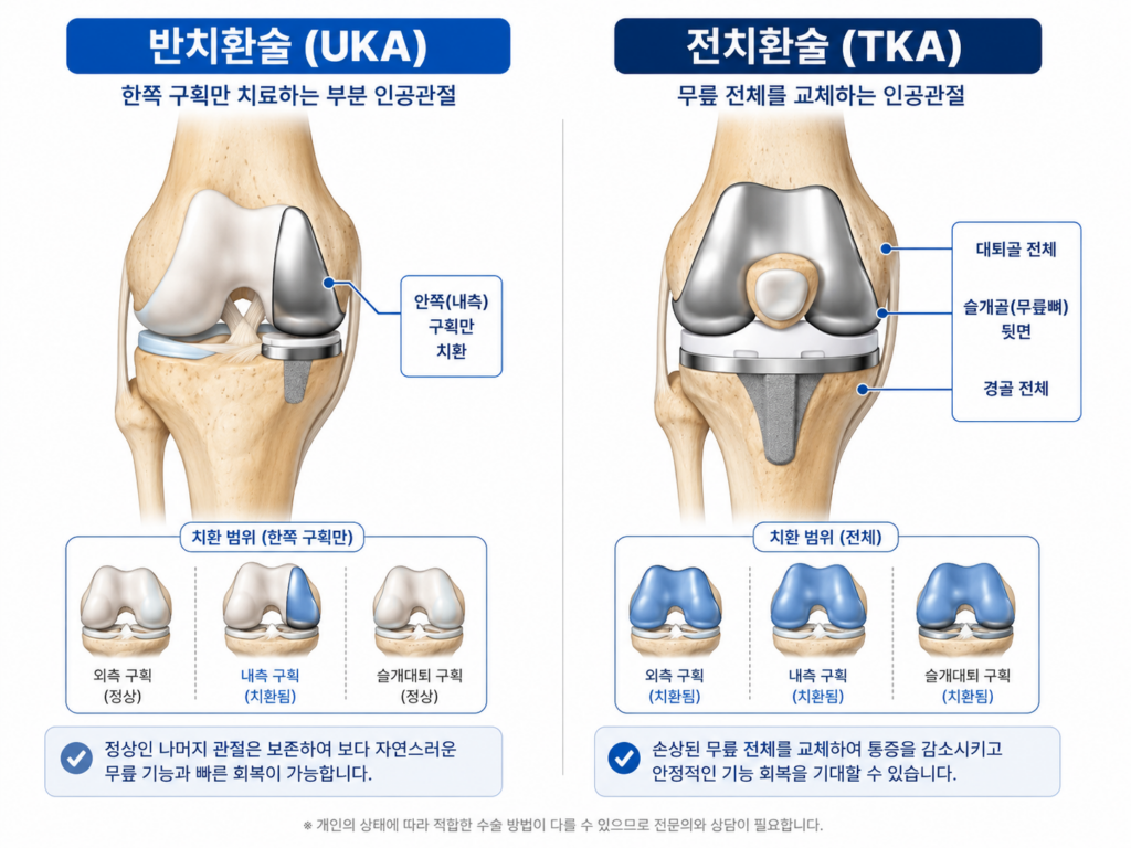 전체인공관절의 관절면 대체 범위를 보여주는 기존 일러스트