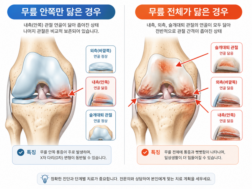 손상된 한 구획을 대체하는 부분인공관절 개념 일러스트