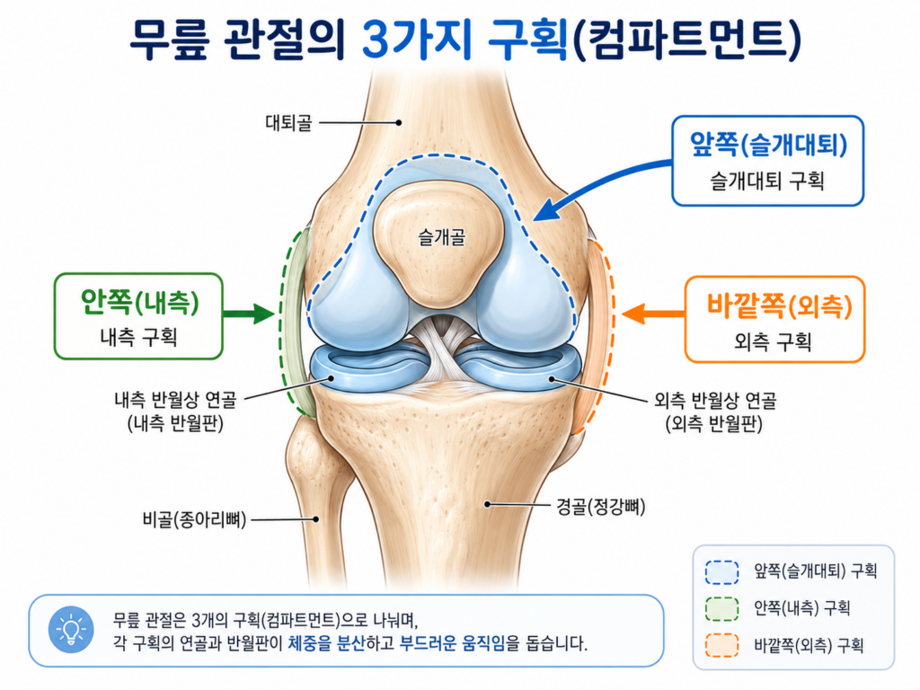 무릎의 안쪽·바깥쪽·슬개대퇴 구획을 설명하는 기존 일러스트