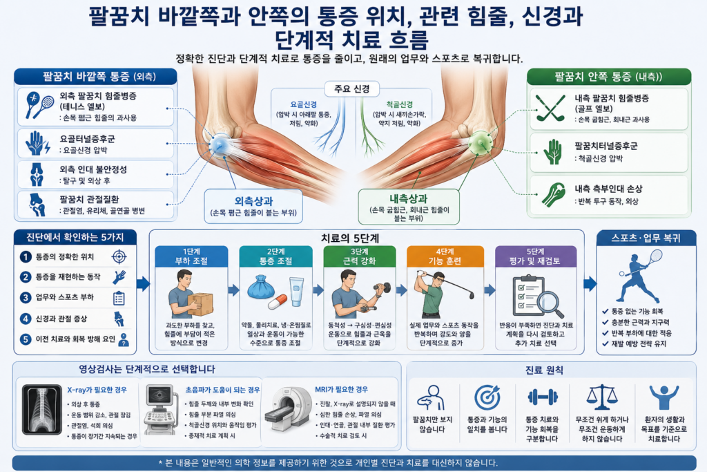 팔꿈치 바깥쪽과 안쪽의 통증 위치, 관련 힘줄, 신경과 단계적 치료 흐름을 한 화면에 보여주는 의료 인포그래픽