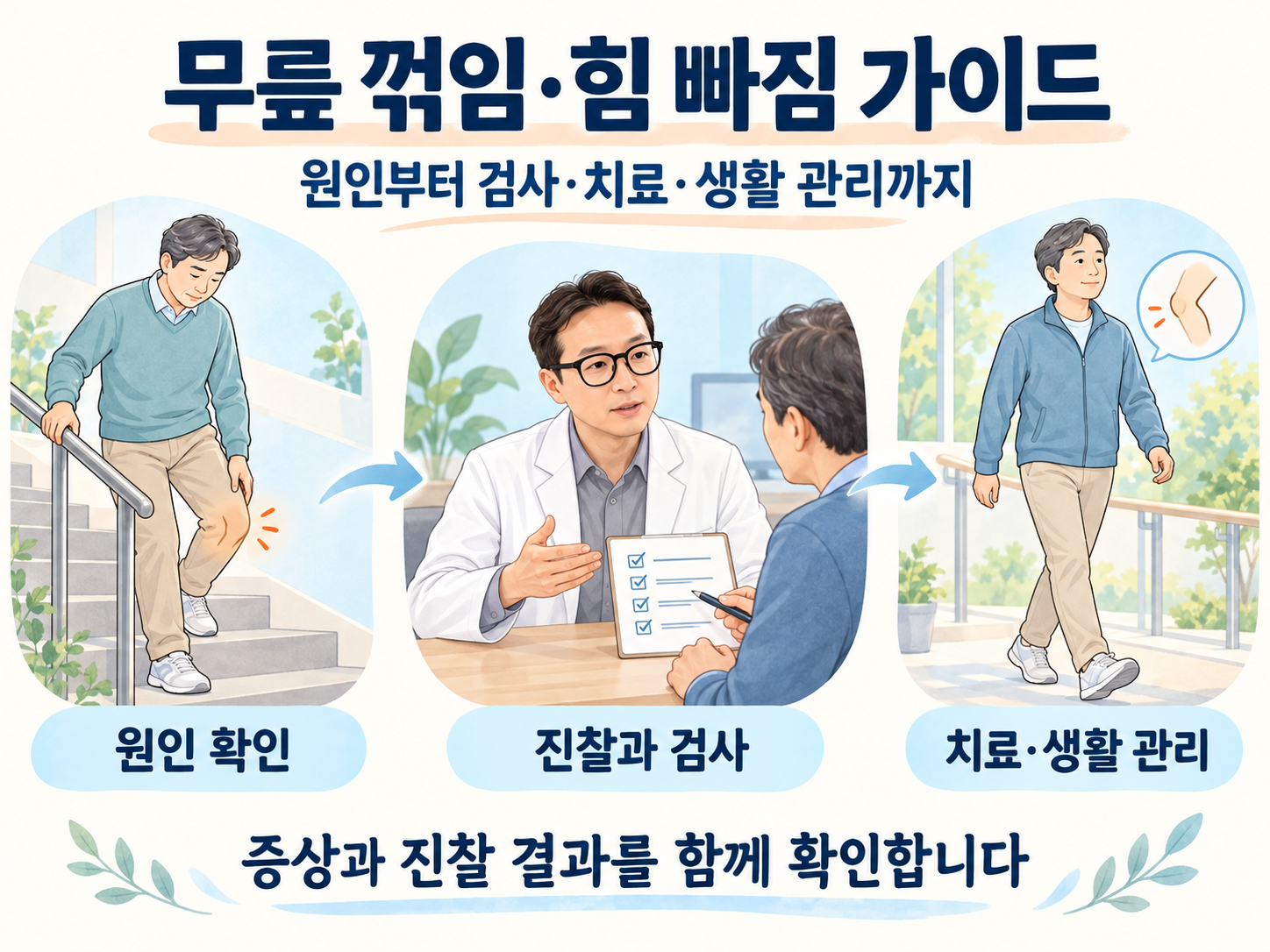 무릎이 꺾이는 환자의 원인 확인, 민영경 원장과 진찰·검사 상담, 치료·생활 관리의 흐름을 보여주는 교육용 개념 일러스트