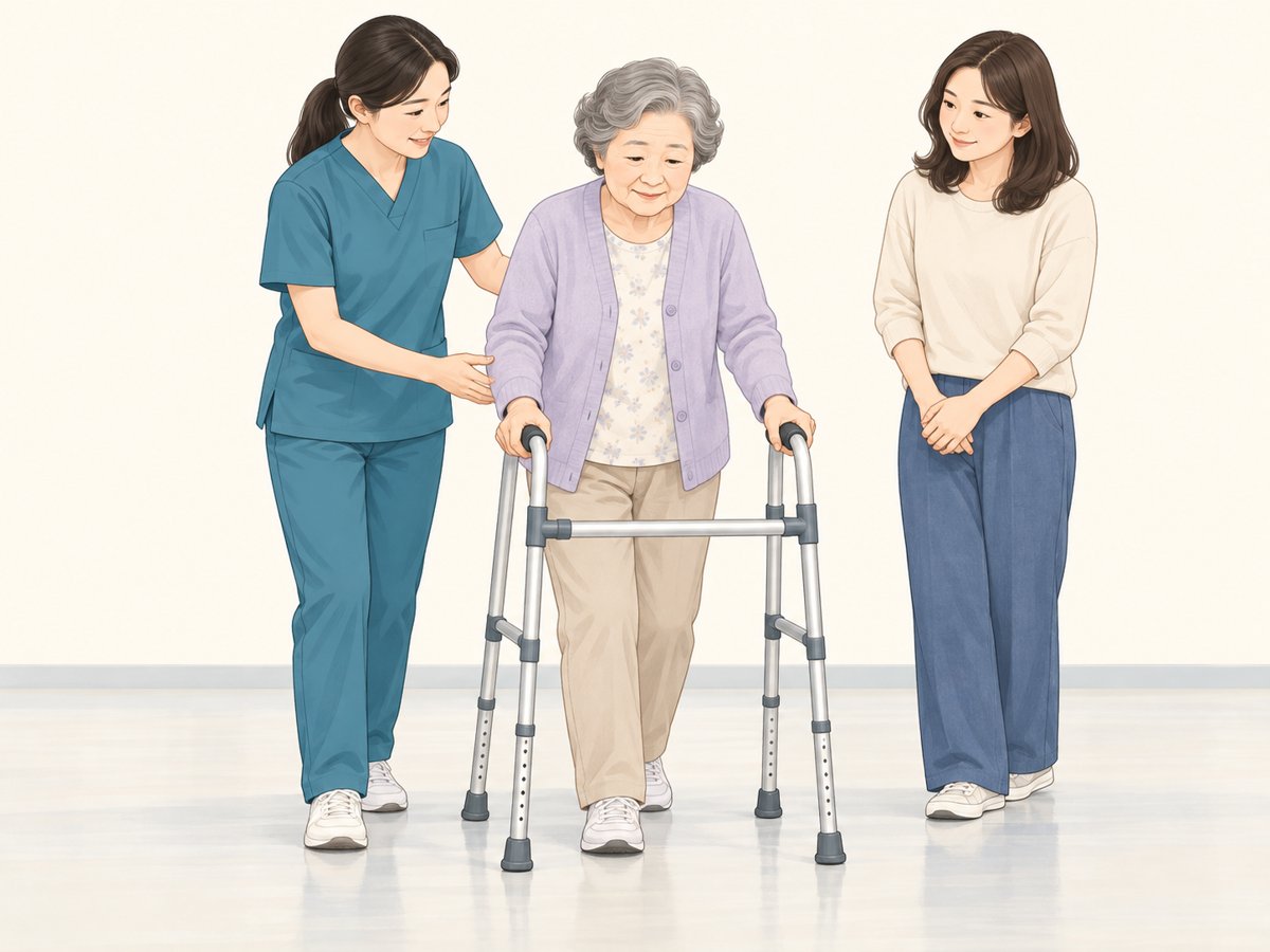 보행기를 이용하는 고령 환자를 치료사와 보호자가 돕는 개념 일러스트