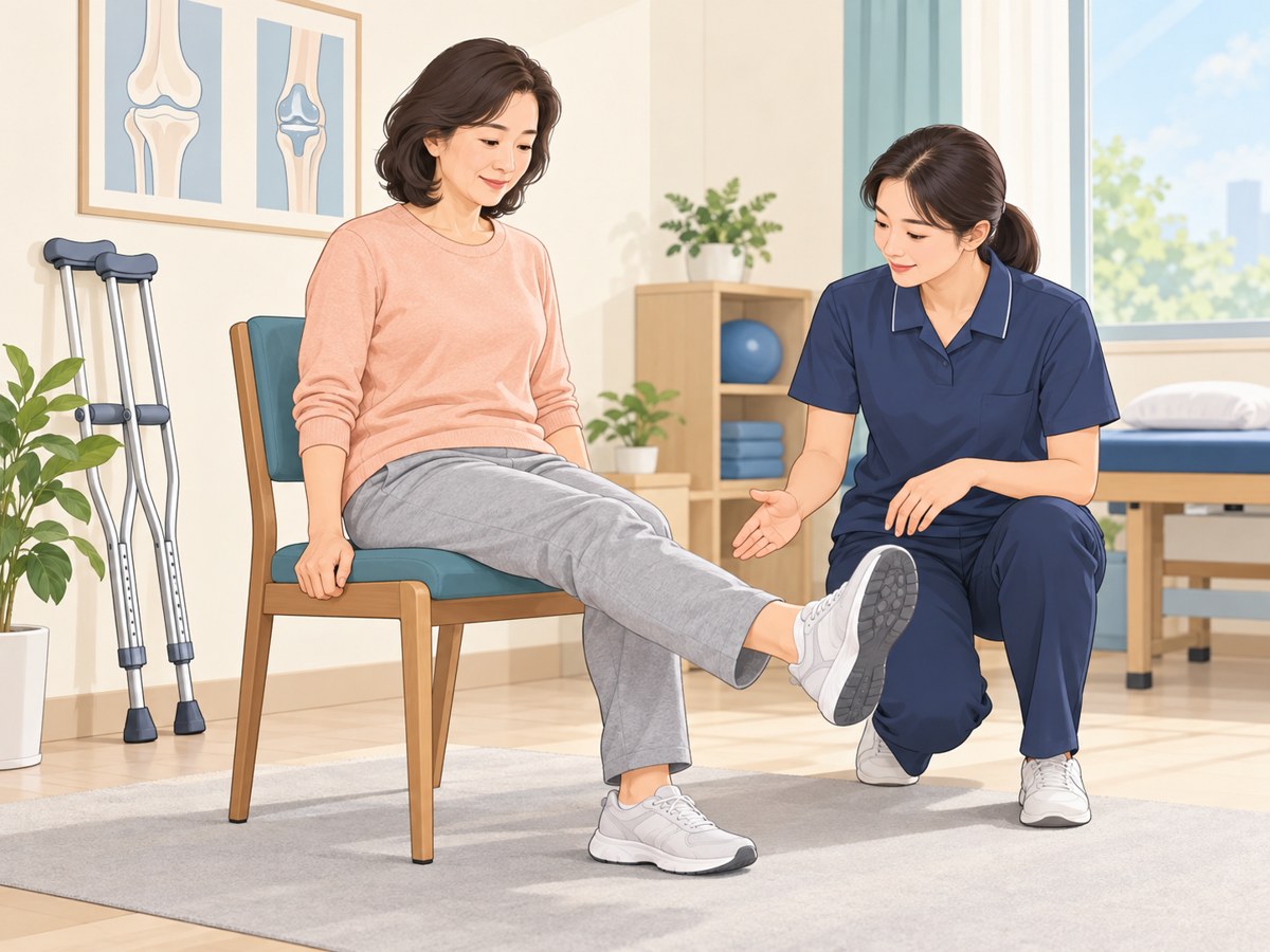 치료사의 안내 아래 앉아서 무릎 펴기 운동을 하는 환자의 개념 일러스트
