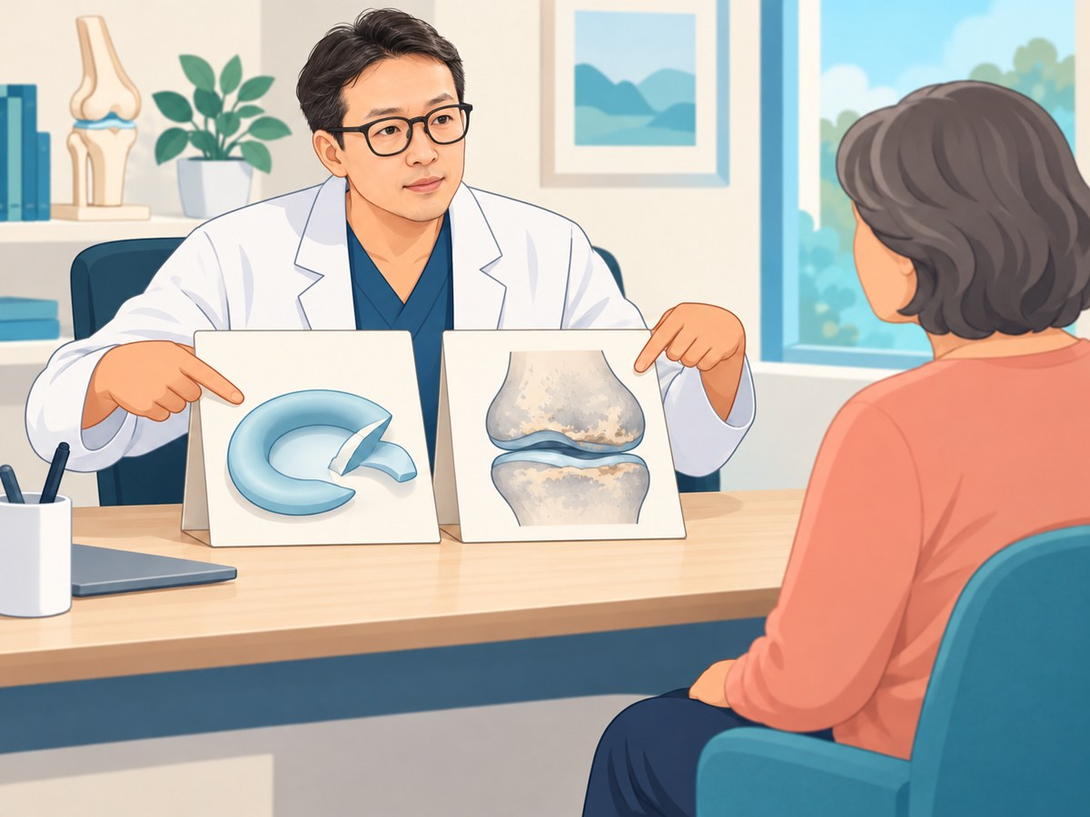 연골판 손상과 퇴행성 변화를 나타낸 개념 그림을 비교하는 상담 일러스트