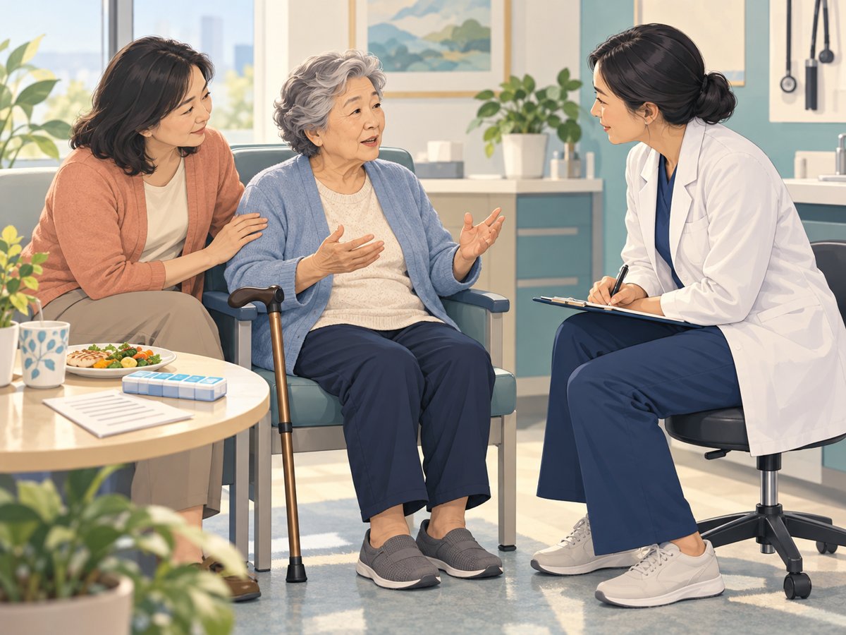복용약과 영양, 보행 상태를 의료진과 함께 확인하는 개념 일러스트