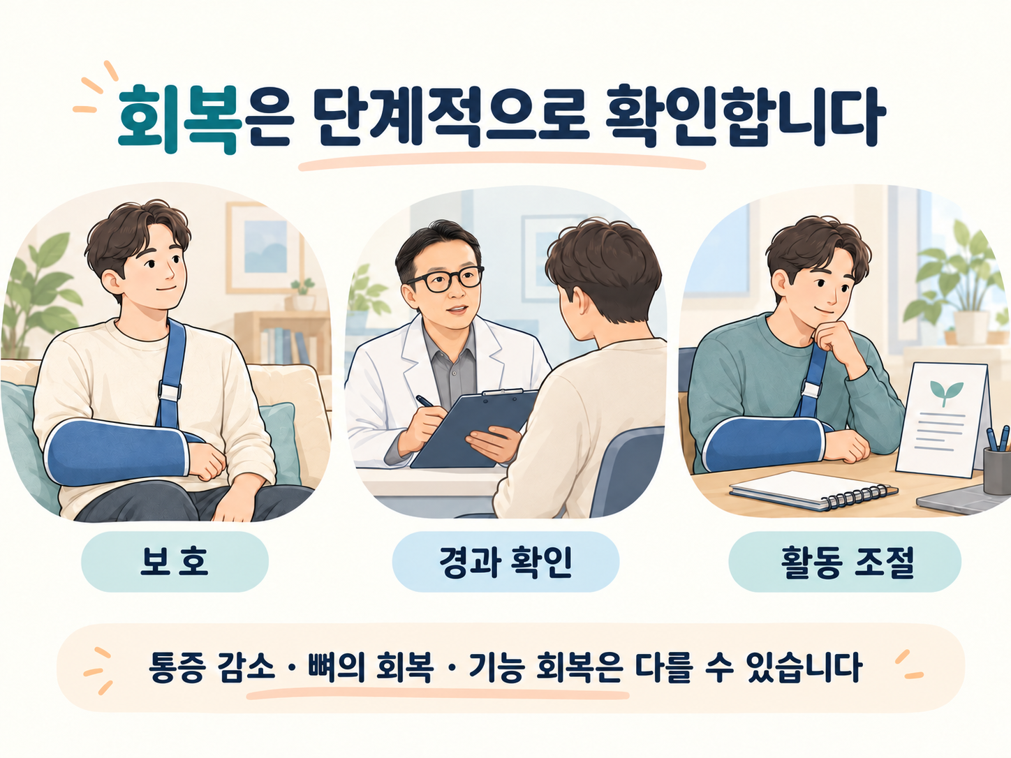 어깨 골절 회복 중 팔걸이 보호, 민영경 원장과 경과 확인, 활동 조절을 보여주는 교육용 일러스트